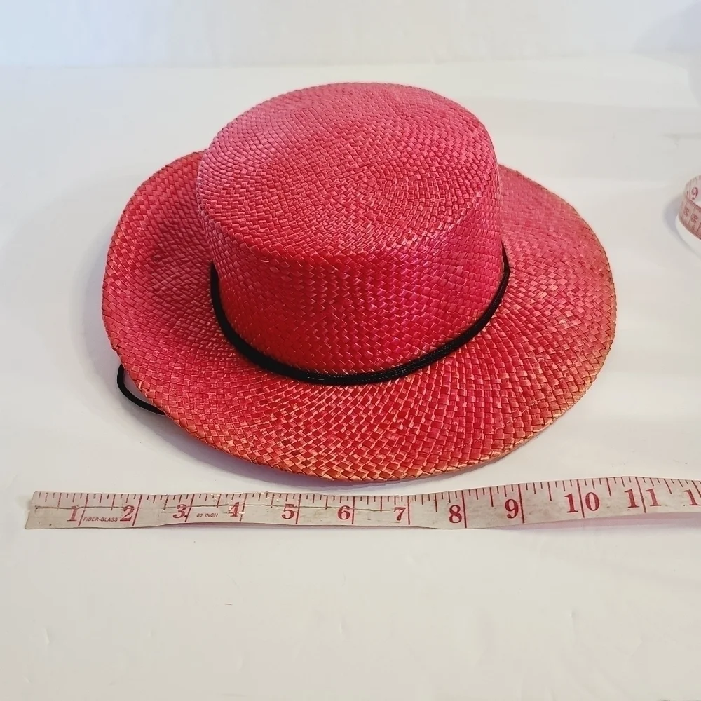 Vintage 90s Red Straw Brim Beach Summer Hat - Picture 2 of 11